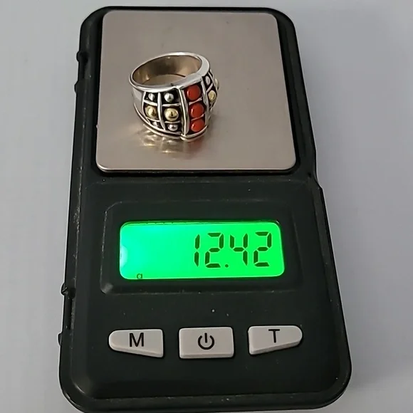 Lagos Caviar Sterling Silver 18K Yellow Gold Red Coral Ring Size 7 - Picture 6 of 6